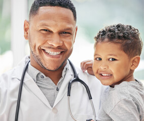 Pediatrician, child and happy portrait for health care in hospital with a smile at a consultation. Face of black man or doctor and kid patient for medical help, family insurance or development check