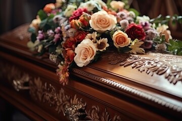 Wall Mural - A wooden coffin with flowers, symbolizing the beauty of life and love even in the midst of grief and death.