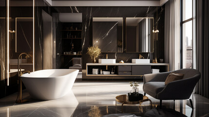 Poster - interior of a bathroom, black marble, black marble