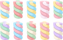 Collection Of Twist Marshmallows In Different Colors. Vector Illustration Isolated On White Background.