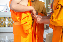 The Senier Monk  Wearing A Yellow Robe To New Monk . Buddhist Ordination Ceremony In The Temple, Thailand