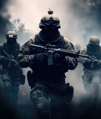 Wall Mural - Soldiers in military gear and bulletproof vests cover each in full combat readiness.