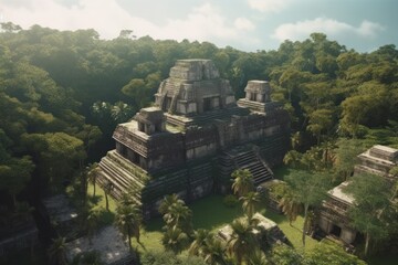 Ancient mayan city with massive temple in dense nature background generative ai