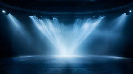 Empty stage of the theater, lit by spotlights before the performance. Red round podium on bright background