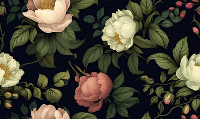 Sticker - Seamless pattern with peony on a black background. Flower garden texture. For banner, book illustration. Created with generative AI tools