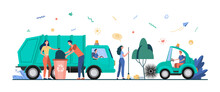 Happy Volunteers Cleaning City Vector Illustration. People Sweeping And Collecting Garbage In Bins And Truck While Janitor Driving Street Sweeper Car. Public Sector Work, Ecology Concept