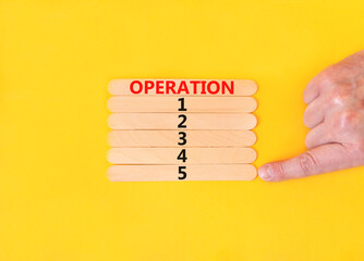 Time to operation 5 symbol. Concept word Operation 1 2 3 4 5 on wooden sticks. Businessman hand. Beautiful yellow table yellow background. Business planning and time to operation 5 concept. Copy space