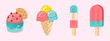 ice cream set, ice cream in cone, cute summer ice cream dessert, fruit popsicle