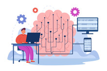 Programmer Developing AI Brain Or System Vector Illustration. Cartoon Drawing Of Happy Man At Computer Working On Algorithm. Artificial Intelligence, Machine Or Deep Learning, Programming Concept