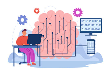 Programmer developing AI brain or system vector illustration. Cartoon drawing of happy man at computer working on algorithm. Artificial intelligence, machine or deep learning, programming concept