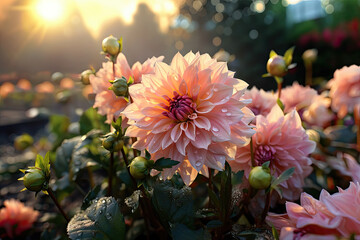 Canvas Print - Beautiful Dahlia blooms with rain drops in sunlight background 