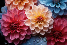 Dahlia Mix Blooms With Rain Drops, Closeup