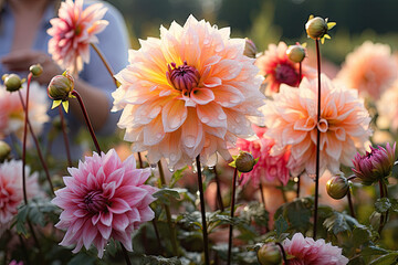 Rose Dahlia ‘Café au Lait’ flowers in garden