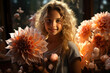 Smiling girl with rose Dahlia flowers outdoor. Dahlia flowers in full bloom with rain drops in garden in sunset light background. 