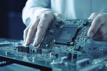 Computer hardware development, hands holding modern motherboard circuit technology generative ai