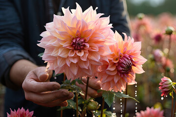 Sticker - The gardener's hands are holding Dahlia ‘Café au Lait’ flowers in garden. 