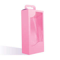 Cute pink toy doll box with plastic film clear window 3D vector illustration on a white background