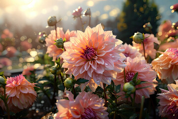 Dahlia in sunlight background.  Hobby gardening concept.