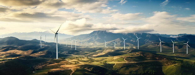 Wall Mural - wind turbines generating green power high in mountains. generative ai