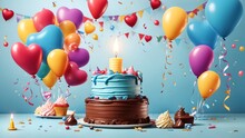 Happy Birthday Celebration With Colorful Balloons, Candles, Chocolate Splash Background Design Wallpaper Generated By AI