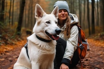 Wall Mural - Dog and owner enjoying outdoor activity in autumn forest