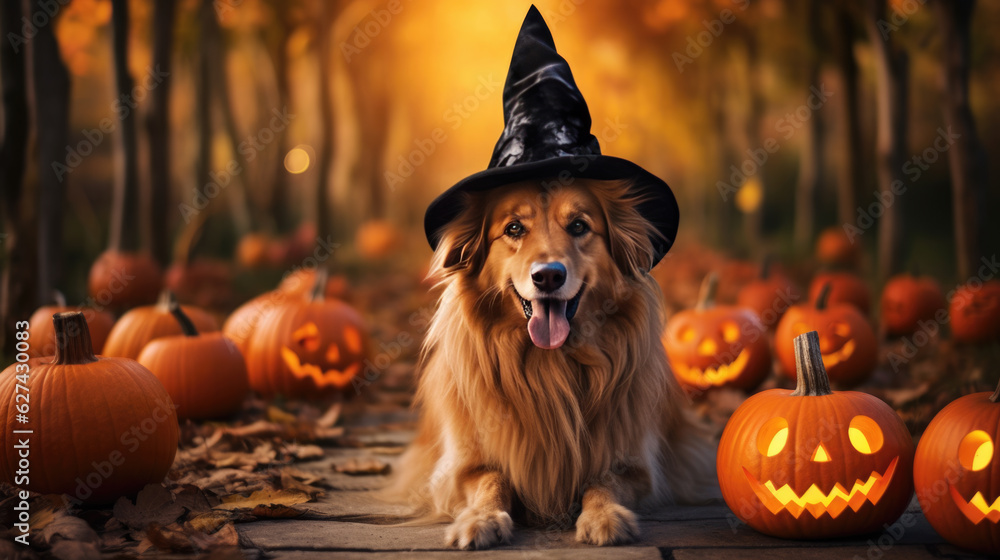 Golden Retriever breed dog in Halloween costume in the woods surrounded ...
