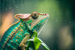 © serperm73 - Lizard, macro, close-up view of a chameleon or gecko in green. Splashes and drops of rain, wet weather.
