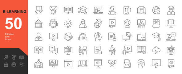 E-Learning Line Editable Icons set. Vector illustration in modern thin line style of learning icons: Laptop, Book and Video Tutorial training,  Graduation cap, On-line Lecture, Education Plan and more