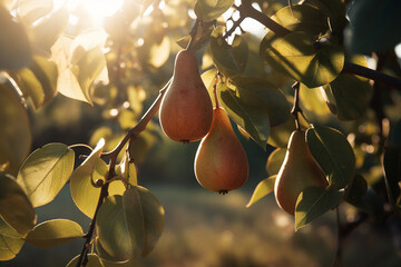 Pear fruits growing in the garden, sunset light. Generative AI