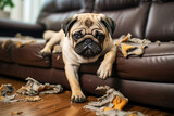 Fototapeta Zwierzęta - Pug puppy tore the pillow, the sofa and sits among the mess.