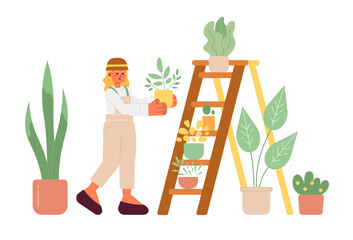 Wall Mural - Blonde woman takes care of plants 2D vector isolated spot illustration. Hobby flat girl put flower pot on ladder on white background. Colorful editable scene