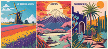 Set Of Travel Destination Posters In Retro Style. Netherlands, Japan, Morocco Prints. International Summer Vacation, Exotic Holidays Concept. Vintage Vector Colorful Illustrations.