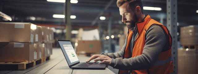 Portrait of employee with laptop coordinates delivery in industrial warehouse.Running servers in data center. Generative Ai content.