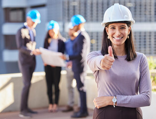 Wall Mural - Business woman, architect and thumbs up for construction success, winning or teamwork on site. Portrait of happy female engineer smile with thumb emoji, yes sign or like for approval in architecture