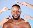Self care, beauty and portrait of a man with products in a studio for natural, face and grooming routine. Skincare, wellness and young male model with health and hygiene treatment by blue background.