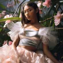 A Beautiful, Surreal Portrait Of A Woman In A Futuristic Pink Dress Adorned With Ruffles And Flower Embellishments, Set Against An Outdoor Backdrop Of Lush Plants, Captures The Imagination And Captiv