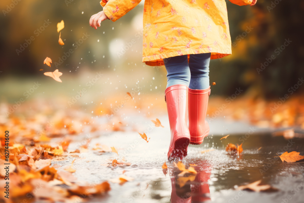 Girl wearing rain rubber boots walking running and jumping into puddle ...