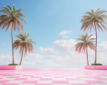 Creative Aesthetic Summer Layout, Palm Trees On The Floor With Retro Style Pink Tiles. Dreamy, Nostalgic Holiday . 