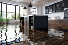 Flooded Floor In Kitchen From Water Leak. Damage. Property Insurance. Generative AI