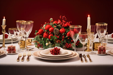 Christmas table setting in pastel colors. Minimalist style. Generative AI