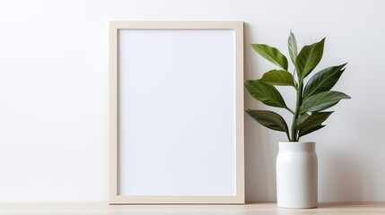 Wall Mural - Empty frame mockup in modern minimalist interior with plant in vase on white wall background. Template for artwork, paintings, pictures, photos
