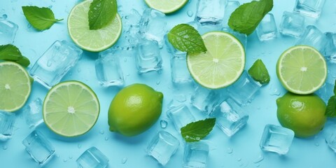  Ice cubes, mint, and cut limes on turquoise background