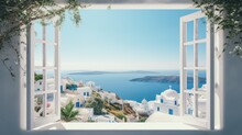 View From The Window To The Sea. View Of The Hillside Through The Open Window To The Sea And The White Village. Santorini Greece. White Architecture Of Oia Village