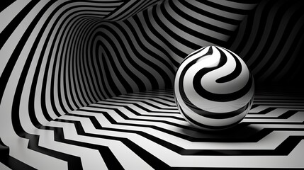 Wall Mural - Black and white design. Pattern with optical illusion. 3D geometrical background. Modern art concept. Illustration for cover, card, postcard, interior design, decor, packaging, invitations or print.