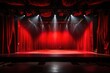 an empty stage with red curtains and spotlights