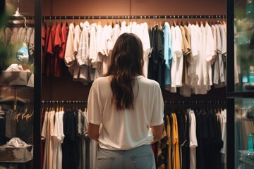 back view of young woman looking at clothes in clothing store on blurred background, A girl in loose fitting clothes is choosing clothes in a store, brown long hair, hanger with a Tshirt, AI Generated