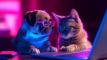 Illustration Of A Cat And A Dog Wearing Glasses Looking At A Laptop Screen