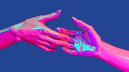 Two human hands what touch each other isolated on purple background in neon light