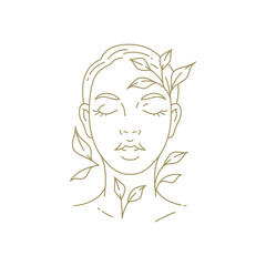Wall Mural - Beautiful young woman portrait floral branch leaves line art style monochrome logo vector