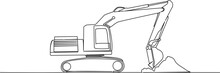 Continuous Single Line Drawing Of Excavator, Line Art Vector Illustration